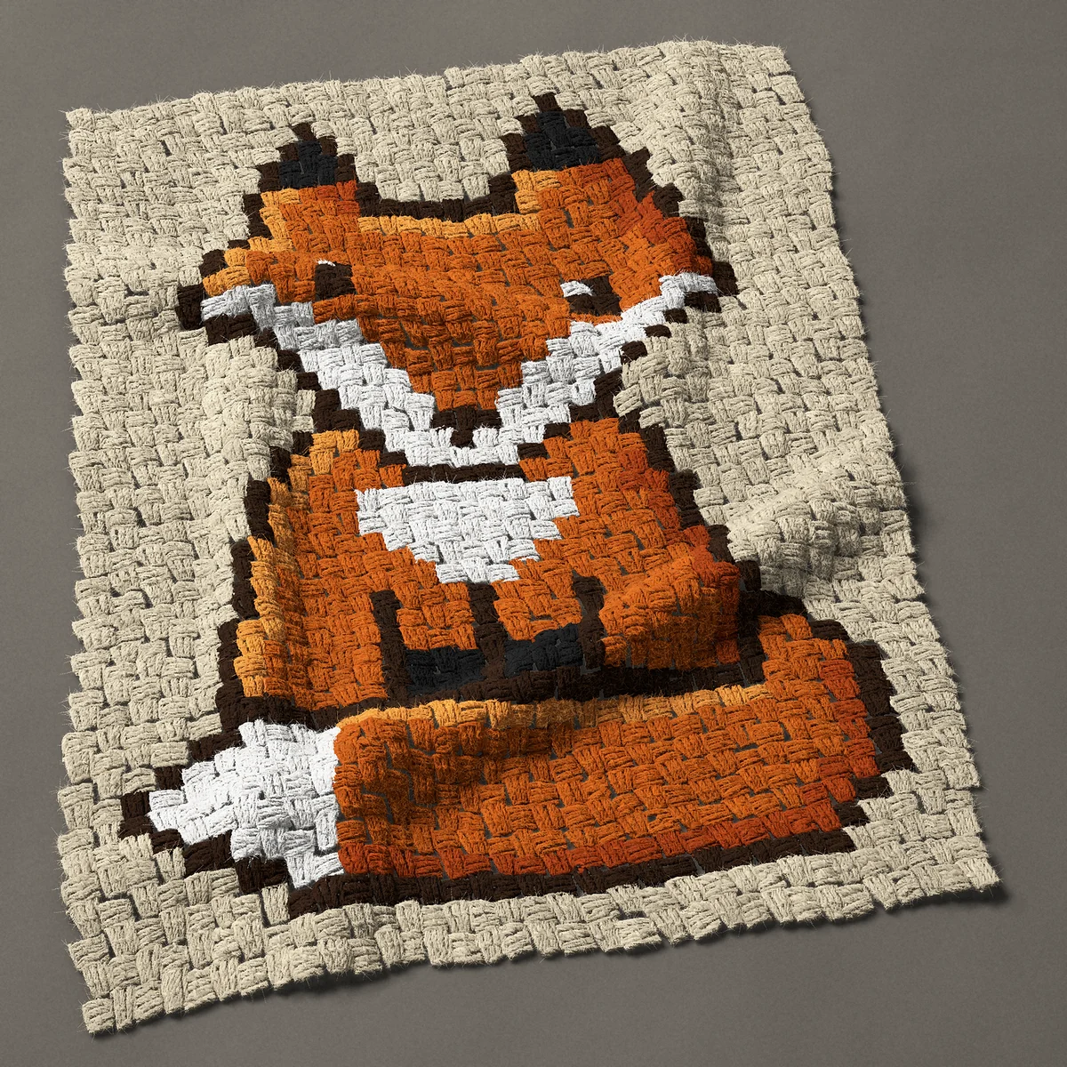 A panel worked corner to corner, 25½ by 34½ inches: Cute sitting fox with black-tipped ears and black paws, 34 by 46 blocks