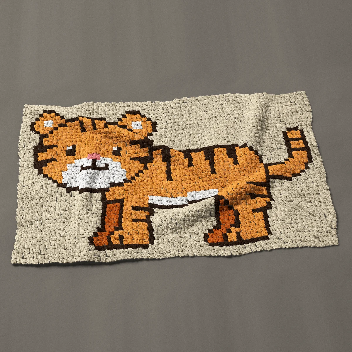 A baby blanket worked corner to corner, 51 by 31½ inches: Cute striped tiger standing with its tail up, 68 by 42 blocks