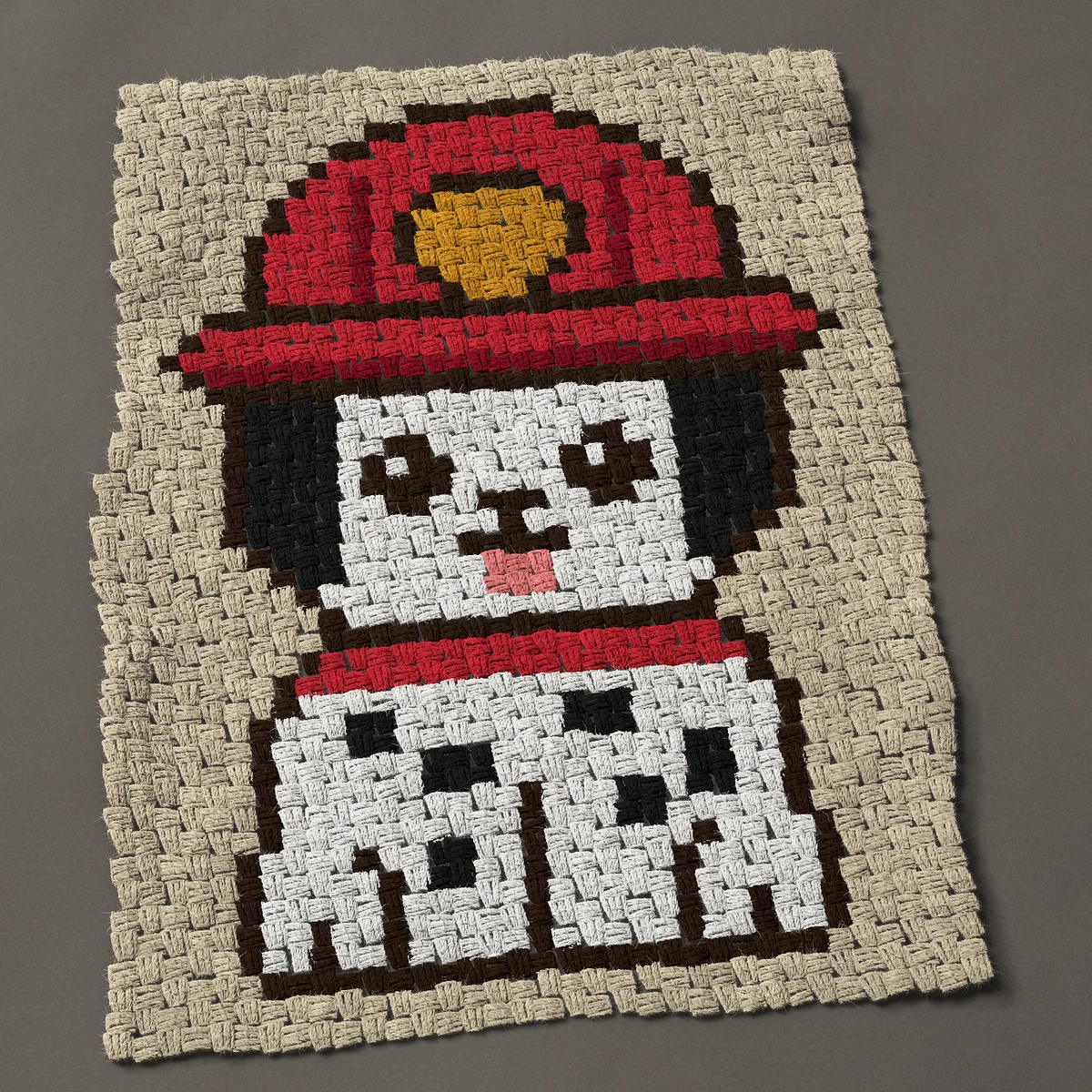 A panel worked corner to corner, 26¼ by 35¼ inches: Dalmatian puppy in a red firefighter helmet, 35 by 47 blocks