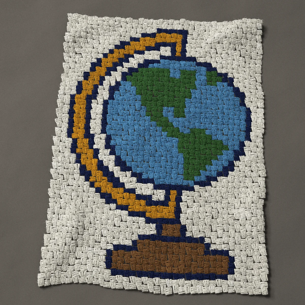 A baby blanket worked corner to corner, 27¾ by 39 inches: Desk globe of the world on a wooden stand, 37 by 52 blocks
