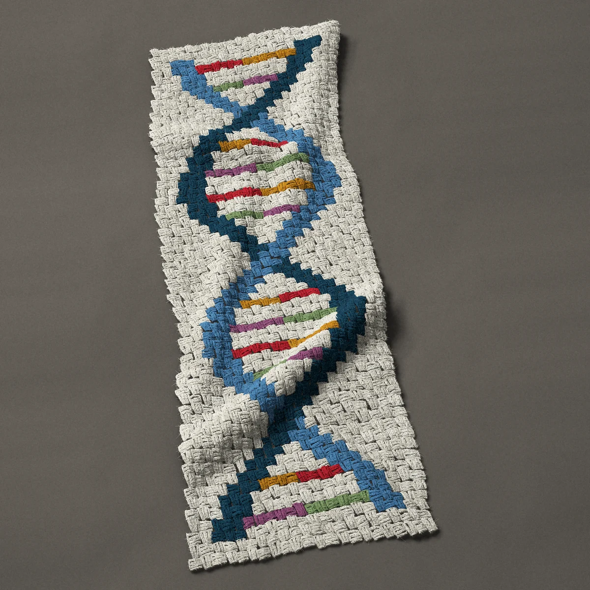 A panel worked corner to corner, 16½ by 48 inches: DNA strand double helix with colored base pairs, 22 by 64 blocks