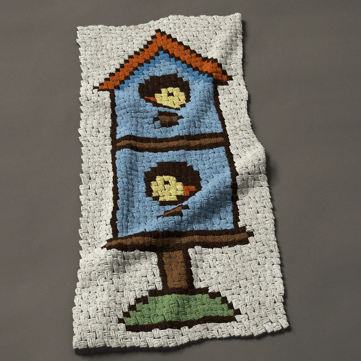 A panel worked corner to corner, 23¼ by 48½ inches: Double decker bird house with a chick at each door, 31 by 65 blocks
