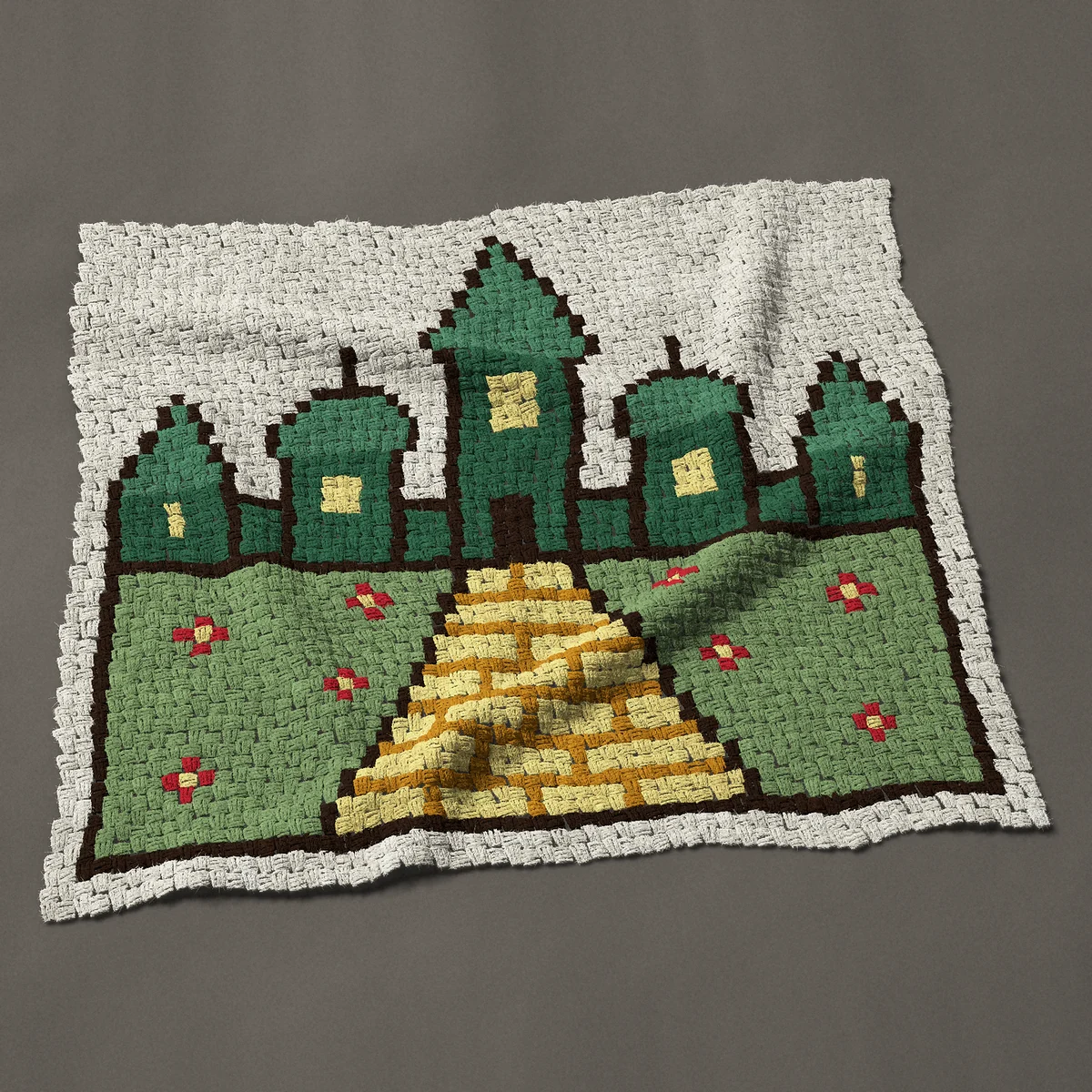 A baby blanket worked corner to corner, 45½ by 42 inches: Wizard of Oz Emerald City and the yellow brick road, 61 by 56 blocks