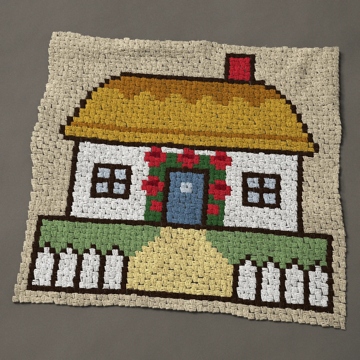 A baby blanket worked corner to corner, 42 by 41 inches: English thatched cottage with roses and a picket fence, 56 by 55 blocks