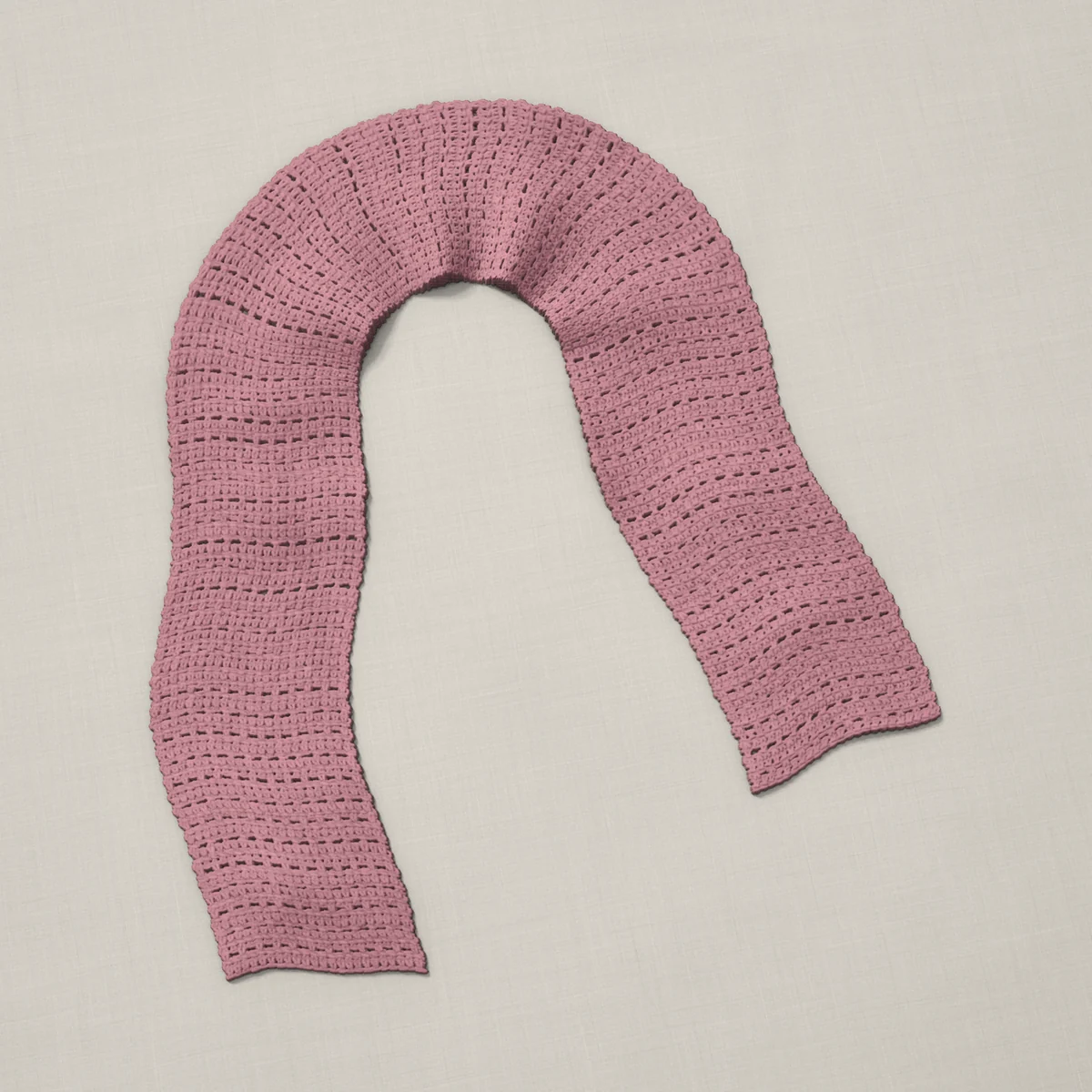 A scarf in single crochet eyelet rows, 7 by 60 inches, lying in a loose bend