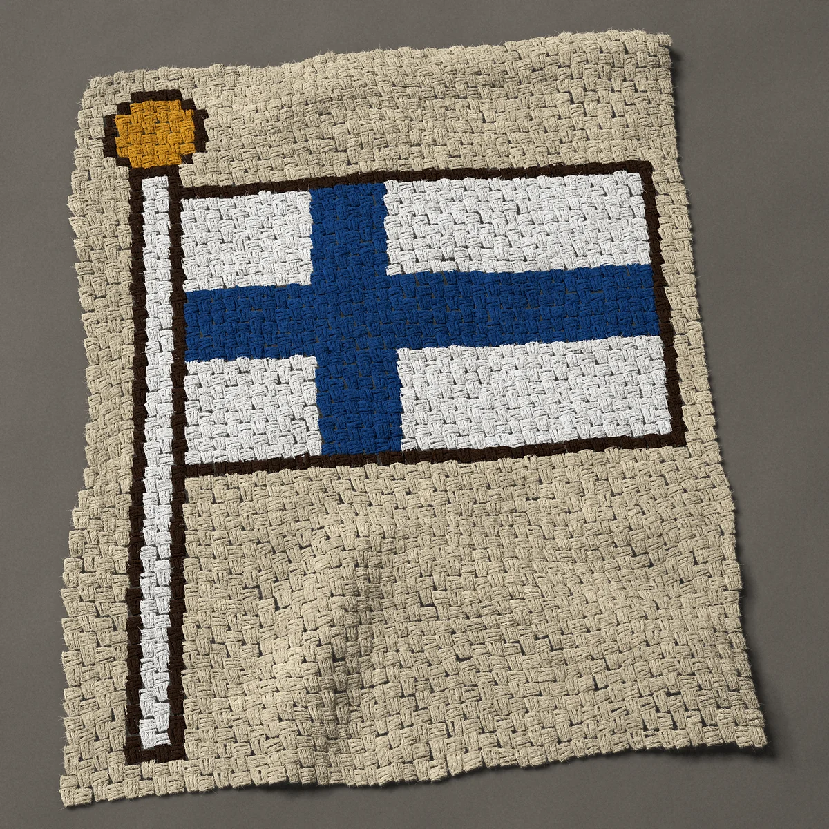 A baby blanket worked corner to corner, 35¼ by 42½ inches: Finnish flag on a flagpole: the flag of Finland, 47 by 57 blocks