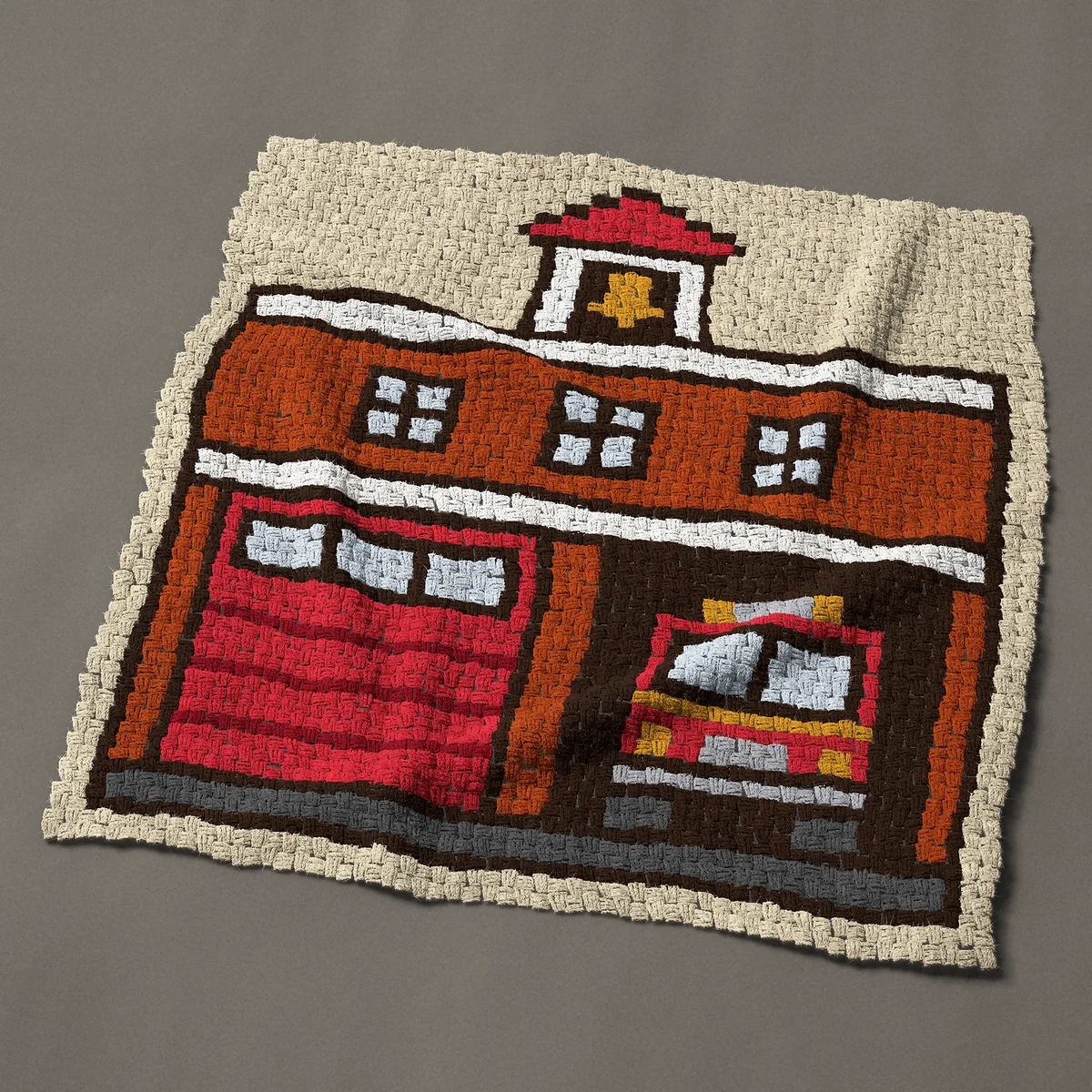 A panel worked corner to corner, 44 by 46½ inches: Fire station with a fire engine in the doorway, 59 by 62 blocks
