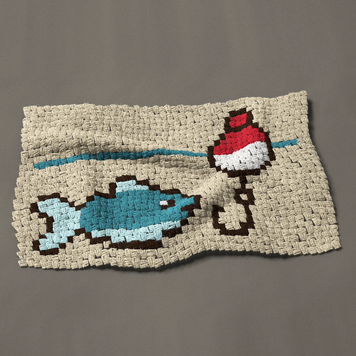 A panel worked corner to corner, 34½ by 21¾ inches: Fishing bobber and hook with a blue fish, 46 by 29 blocks
