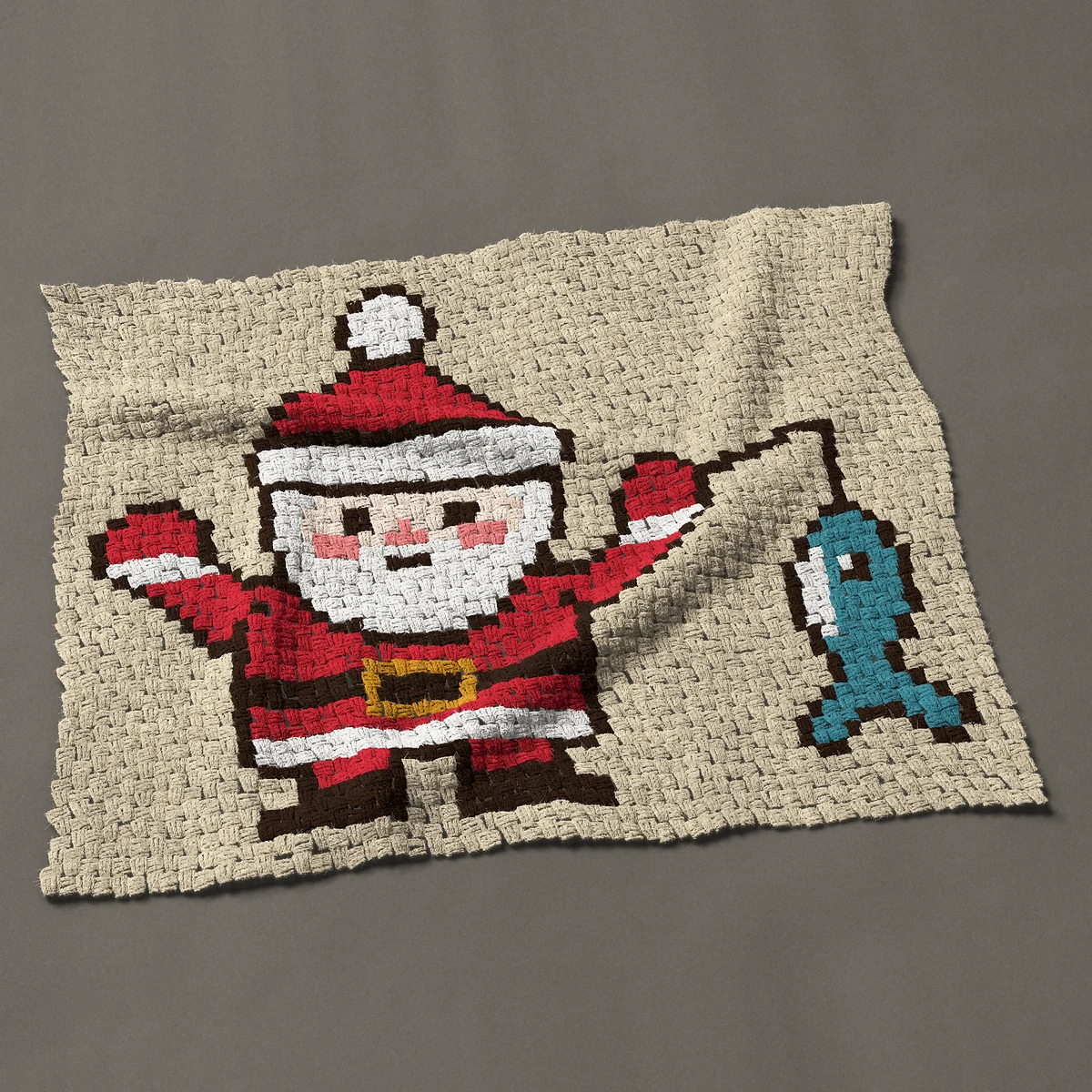A baby blanket worked corner to corner, 44 by 36 inches: Fishing Santa with a blue fish on the line, 59 by 48 blocks