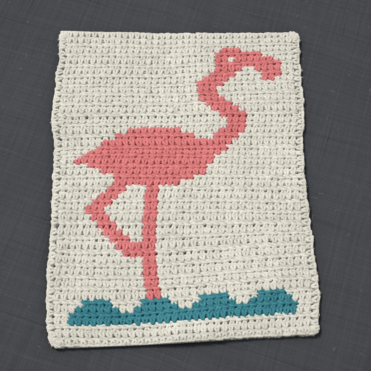 A panel in single crochet, 11.1 by 14.1 inches: a flamingo standing in water in pink and teal on a cream ground, 36 stitches by 53 rows