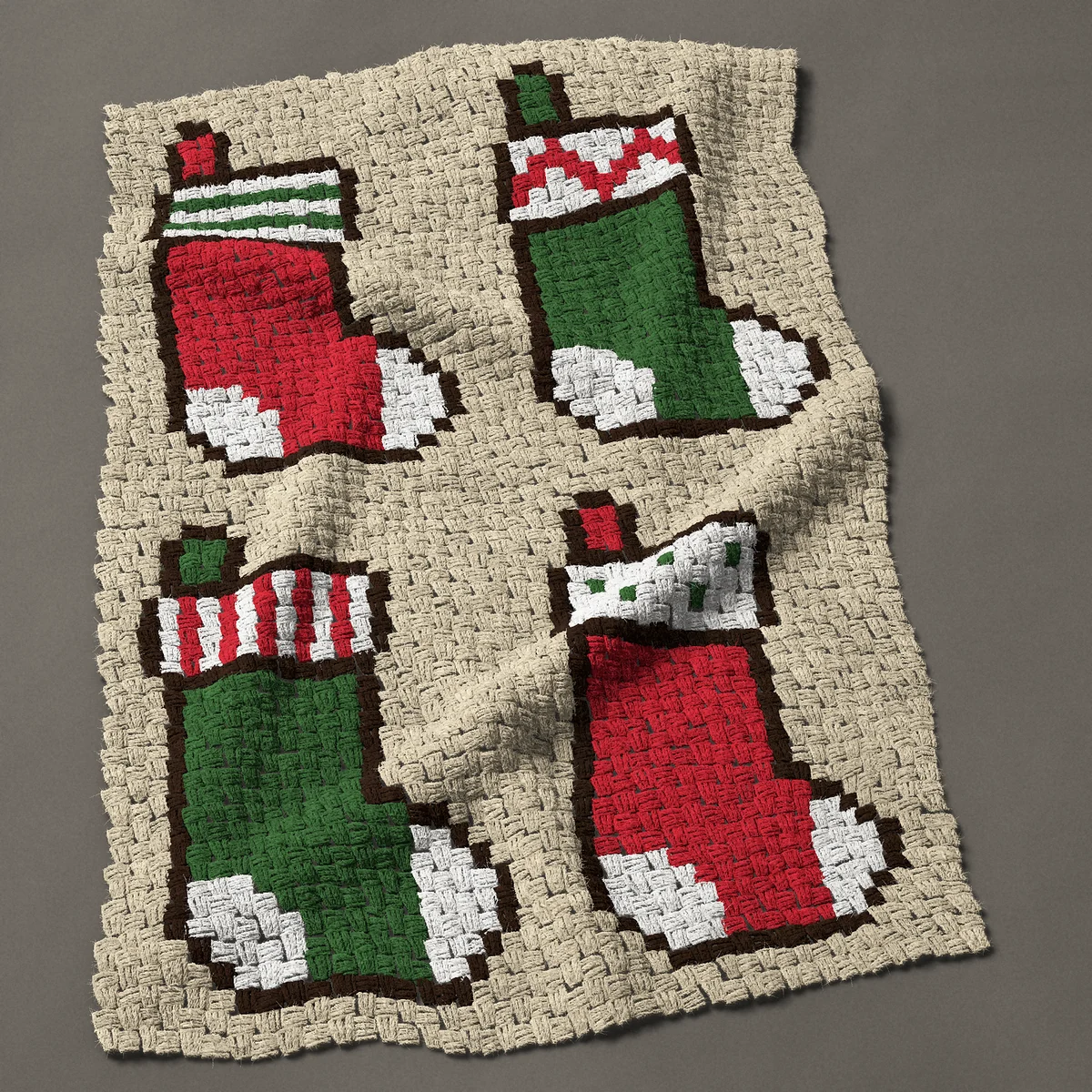 A baby blanket worked corner to corner, 32¼ by 47 inches: Four Christmas stockings with patterned cuffs, 43 by 63 blocks