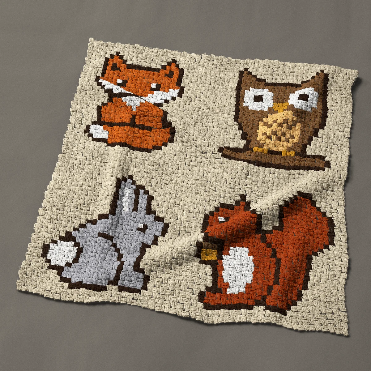 A panel worked corner to corner, 42½ by 45½ inches: Woodland animals: fox, owl, rabbit and squirrel, 57 by 61 blocks