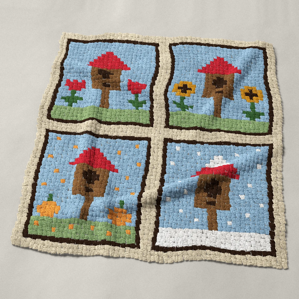 A panel worked corner to corner, 44 by 48½ inches: Four seasons bird house in four framed panels, 59 by 65 blocks