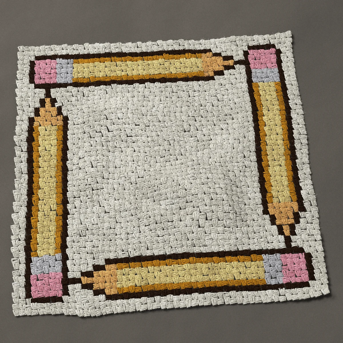 A baby blanket worked corner to corner, 38 by 38 inches: Pencil border frame: four yellow school pencils, 51 by 51 blocks