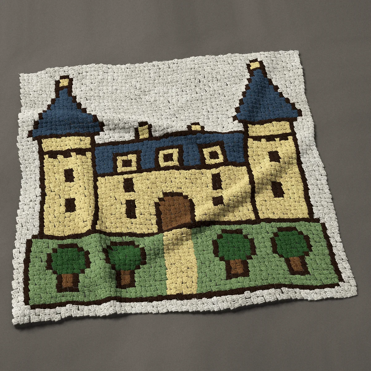 A panel worked corner to corner, 48 by 48 inches: French castle: chateau with two towers and a garden, 64 by 64 blocks