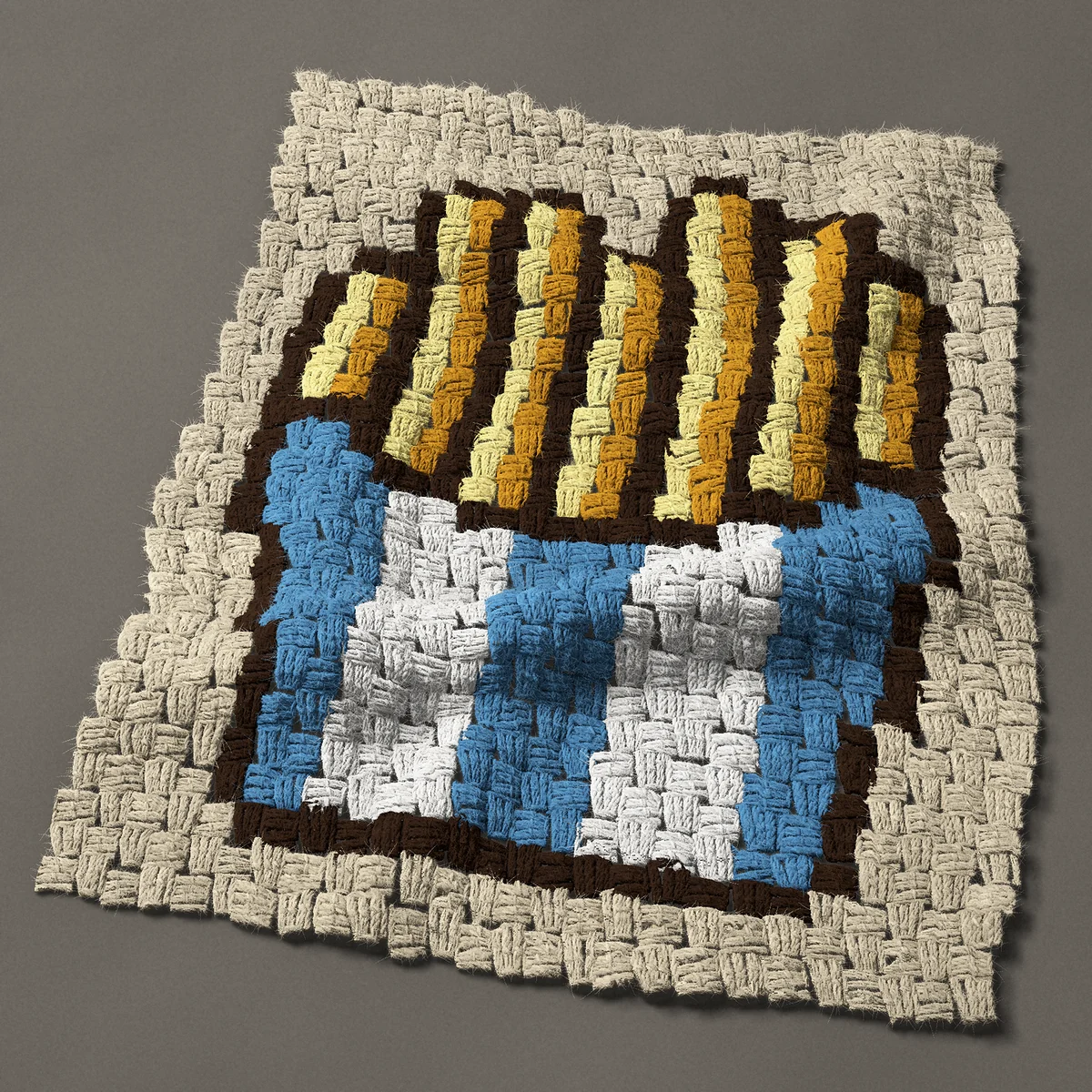 A panel worked corner to corner, 19½ by 24 inches: Fast food french fries in a blue striped carton, 26 by 32 blocks
