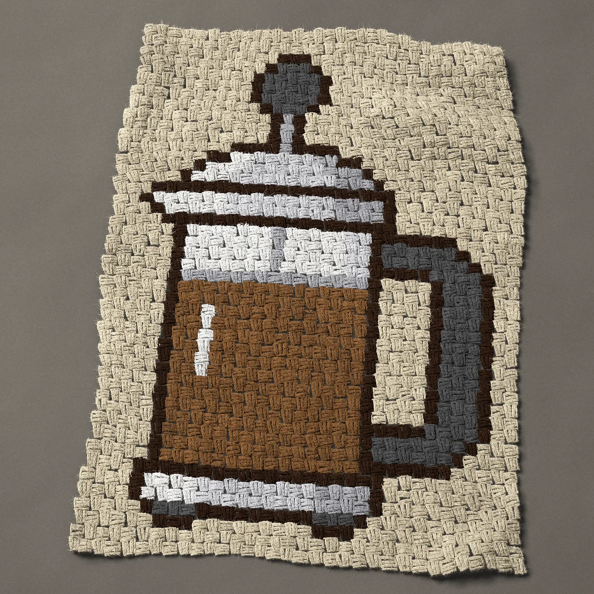 A panel worked corner to corner, 24¾ by 34½ inches: French press coffee maker full of coffee, 33 by 46 blocks