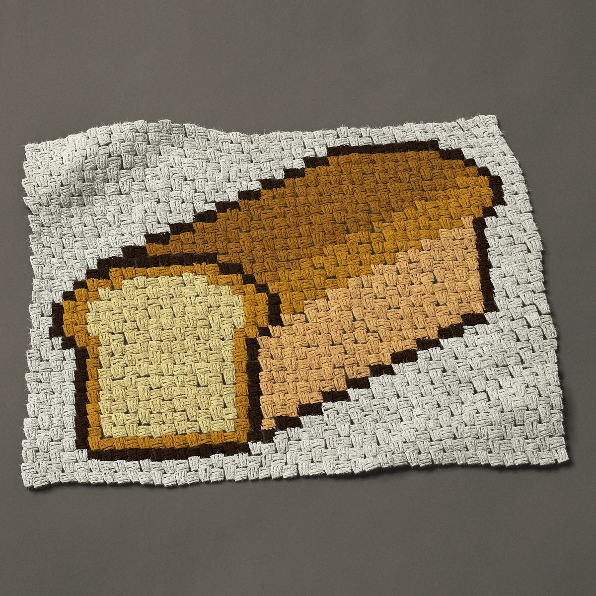 A panel worked corner to corner, 32¼ by 24 inches: Loaf of bread: a fresh baked loaf with the end cut, 43 by 32 blocks