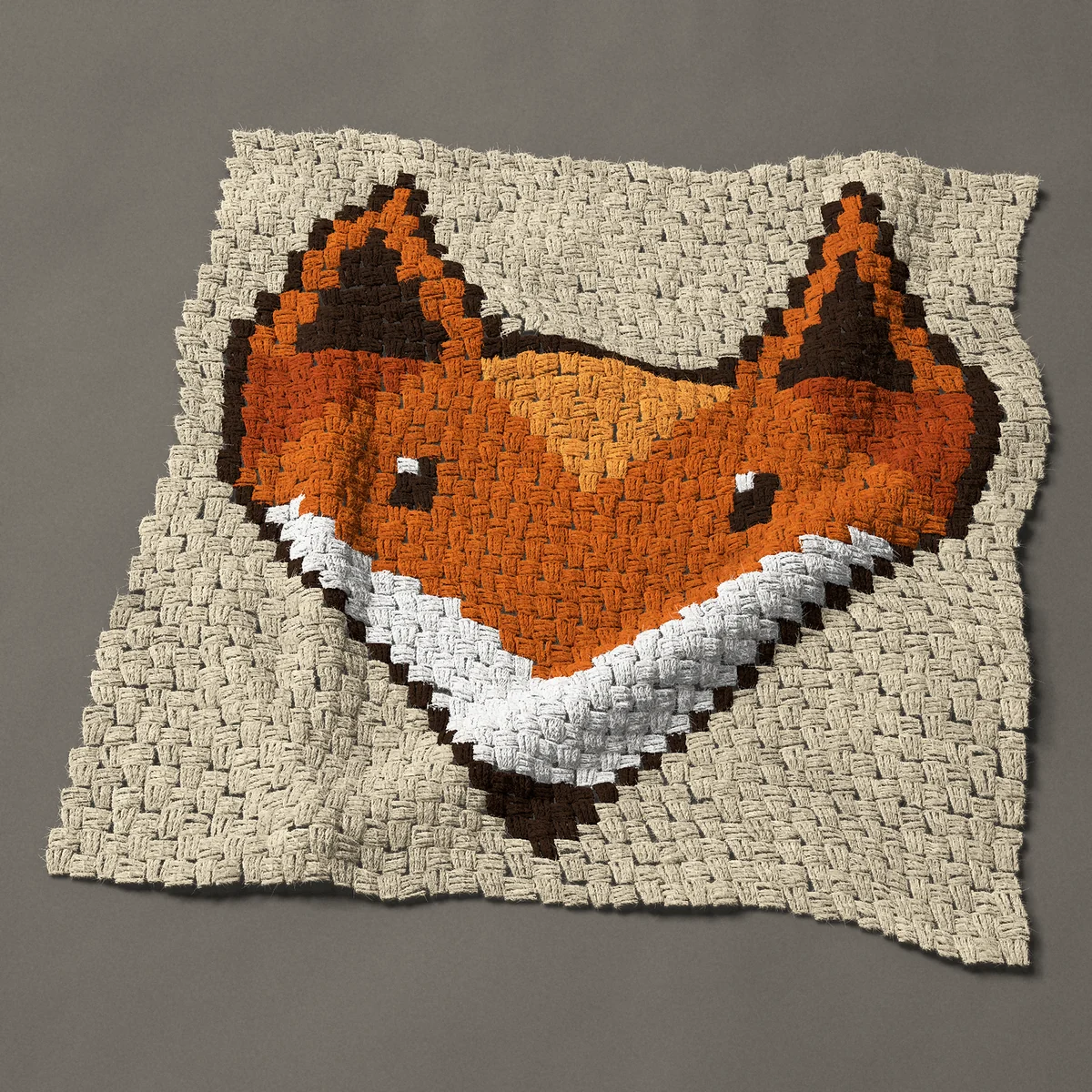 A panel worked corner to corner, 30¾ by 33 inches: Geometric fox face in triangles, 41 by 44 blocks