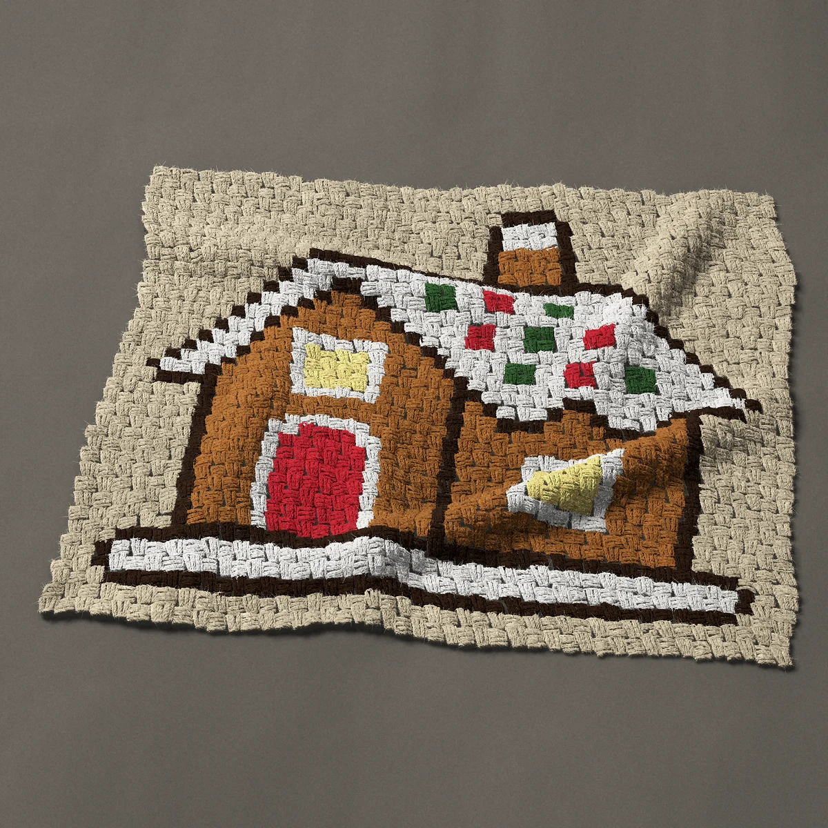 A panel worked corner to corner, 33¾ by 28½ inches: Gingerbread house with a candy button roof and chimney, 45 by 38 blocks
