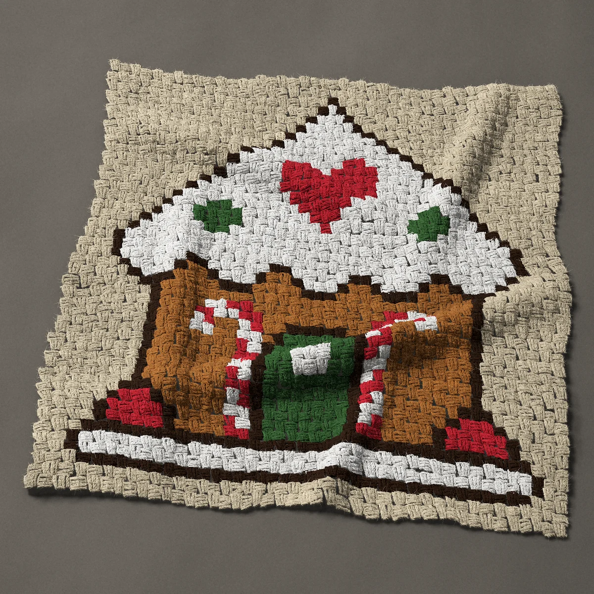 A panel worked corner to corner, 32¼ by 35¼ inches: Gingerbread house with icing roof and candy canes, 43 by 47 blocks
