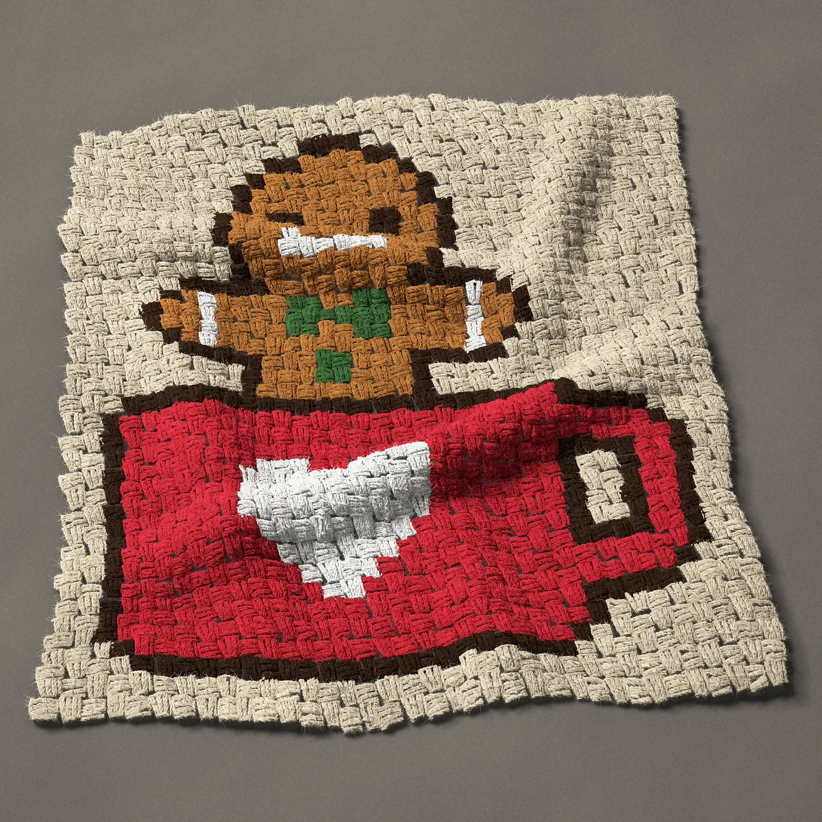 A panel worked corner to corner, 27 by 30 inches: Gingerbread man in a red mug with a white heart, 36 by 40 blocks