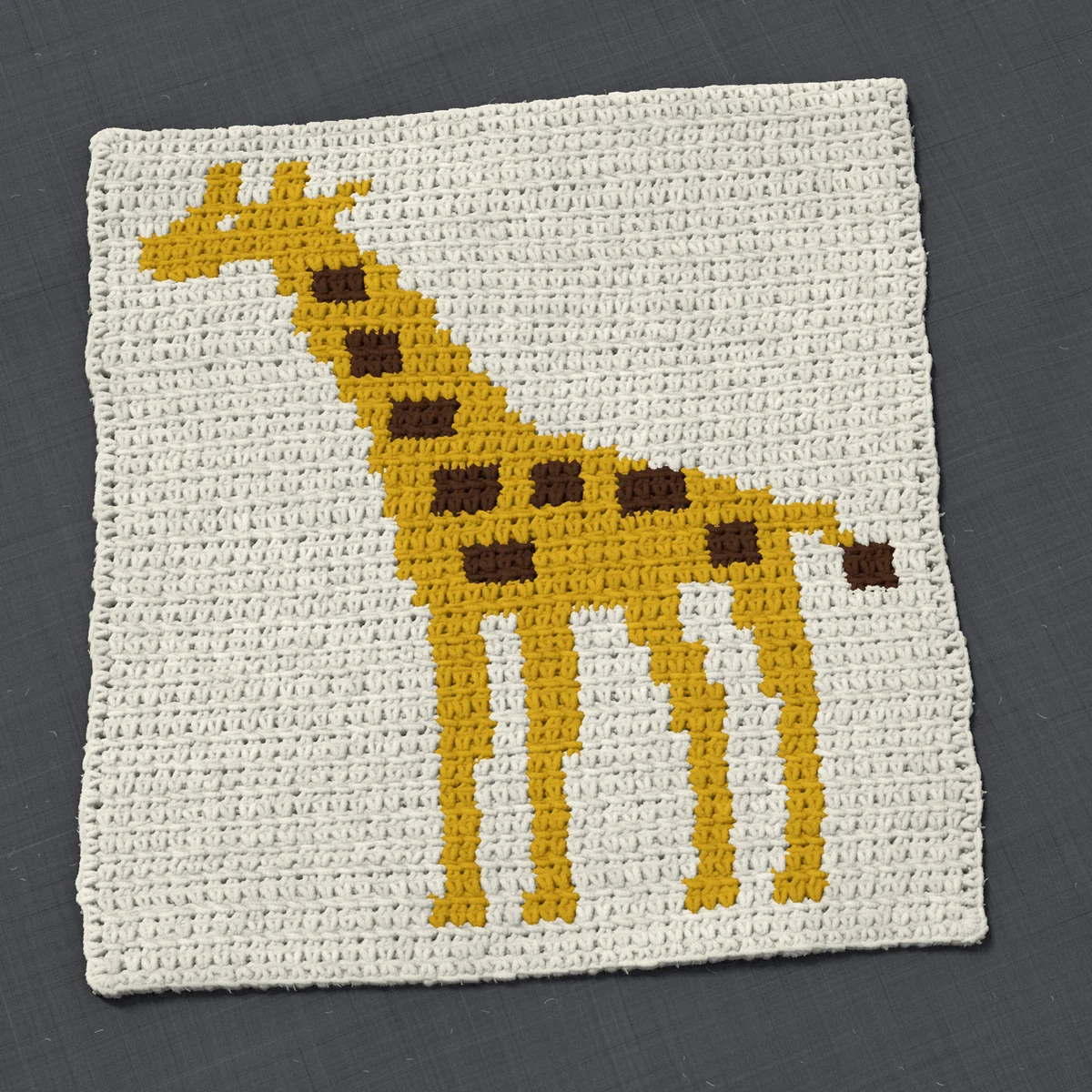 A pillow front in single crochet, 14.8 by 15.7 inches: a giraffe in gold and dark brown on a cream ground, 48 stitches by 59 rows