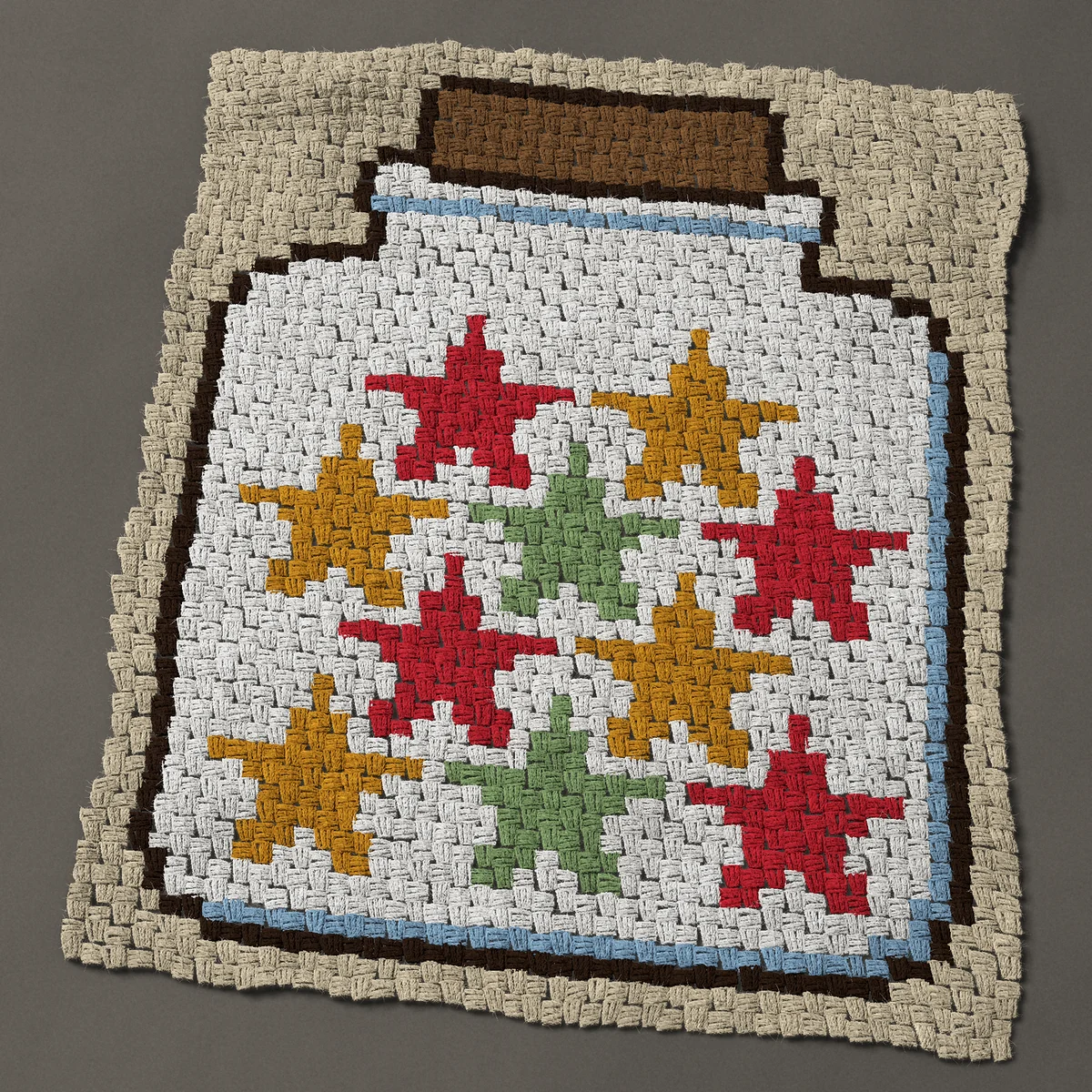 A baby blanket worked corner to corner, 33¾ by 40½ inches: Lucky star jar: glass jar of red, gold and green stars, 45 by 54 blocks
