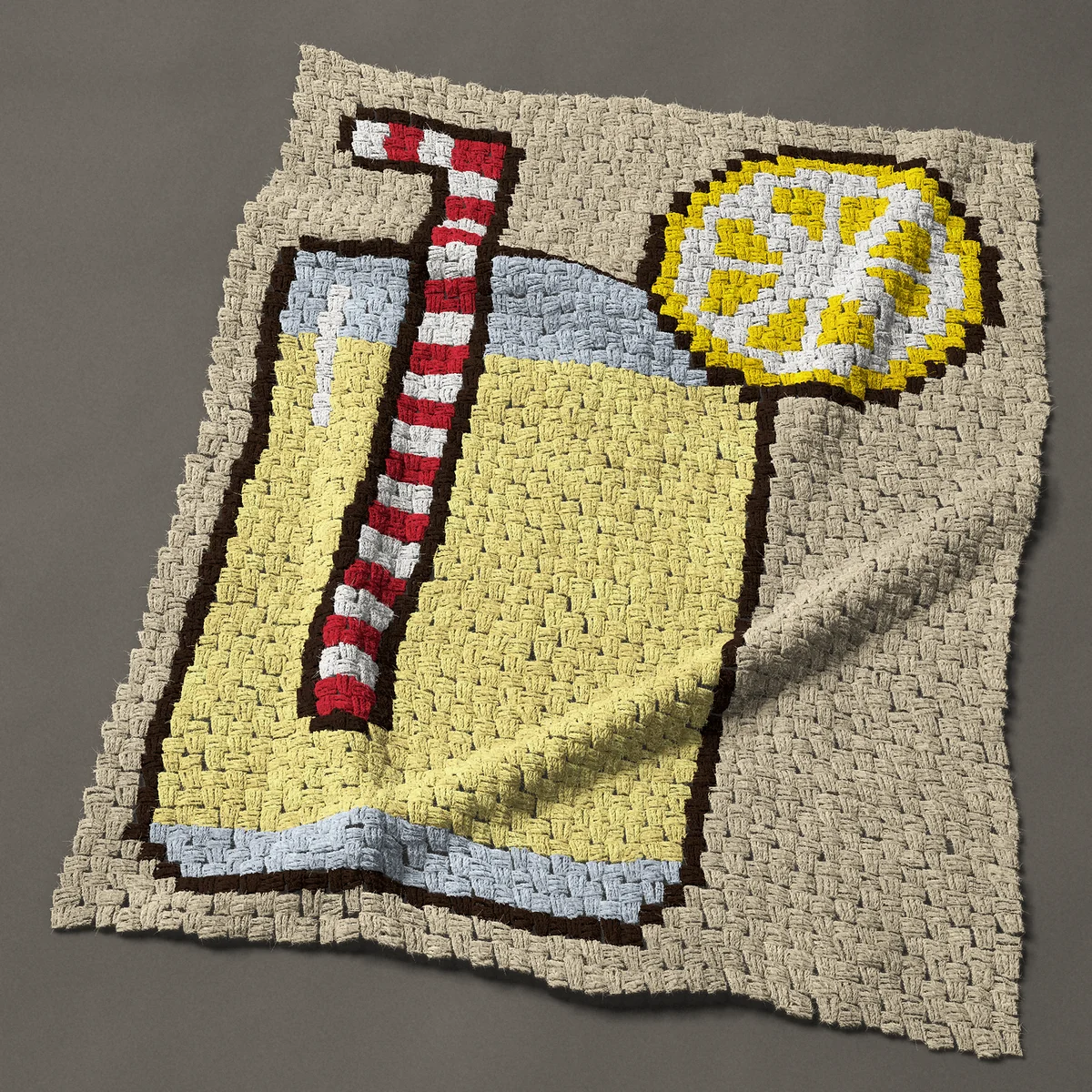 A baby blanket worked corner to corner, 33¾ by 44 inches: Glass of lemonade with a striped straw and lemon slice, 45 by 59 blocks
