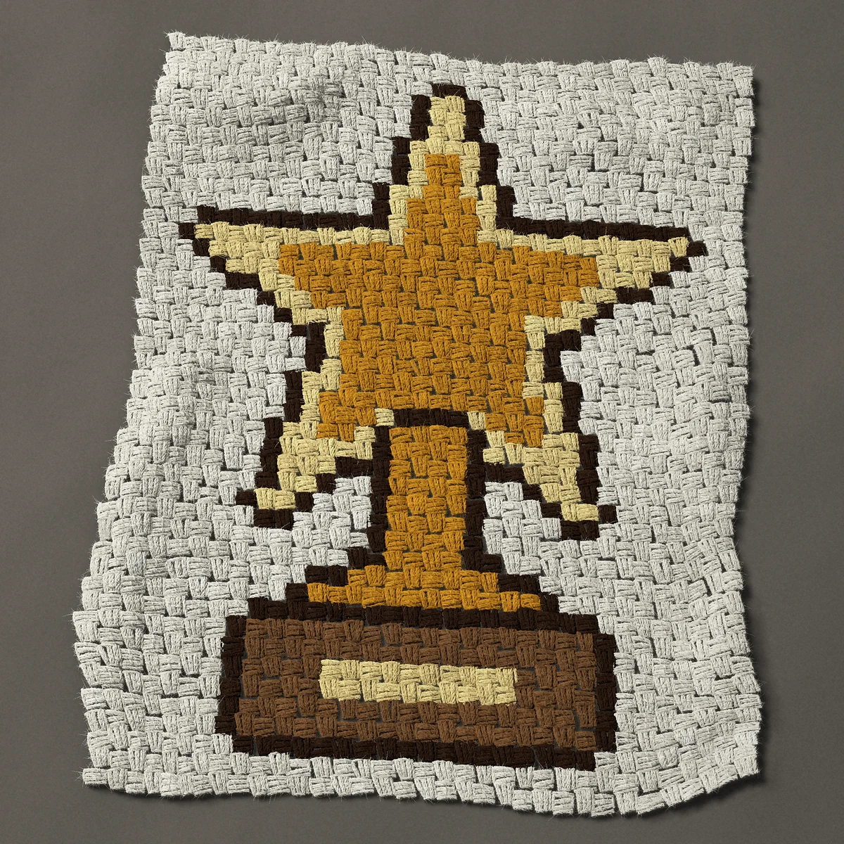 A panel worked corner to corner, 25½ by 33 inches: Gold star trophy on a wooden base, a well done award, 34 by 44 blocks