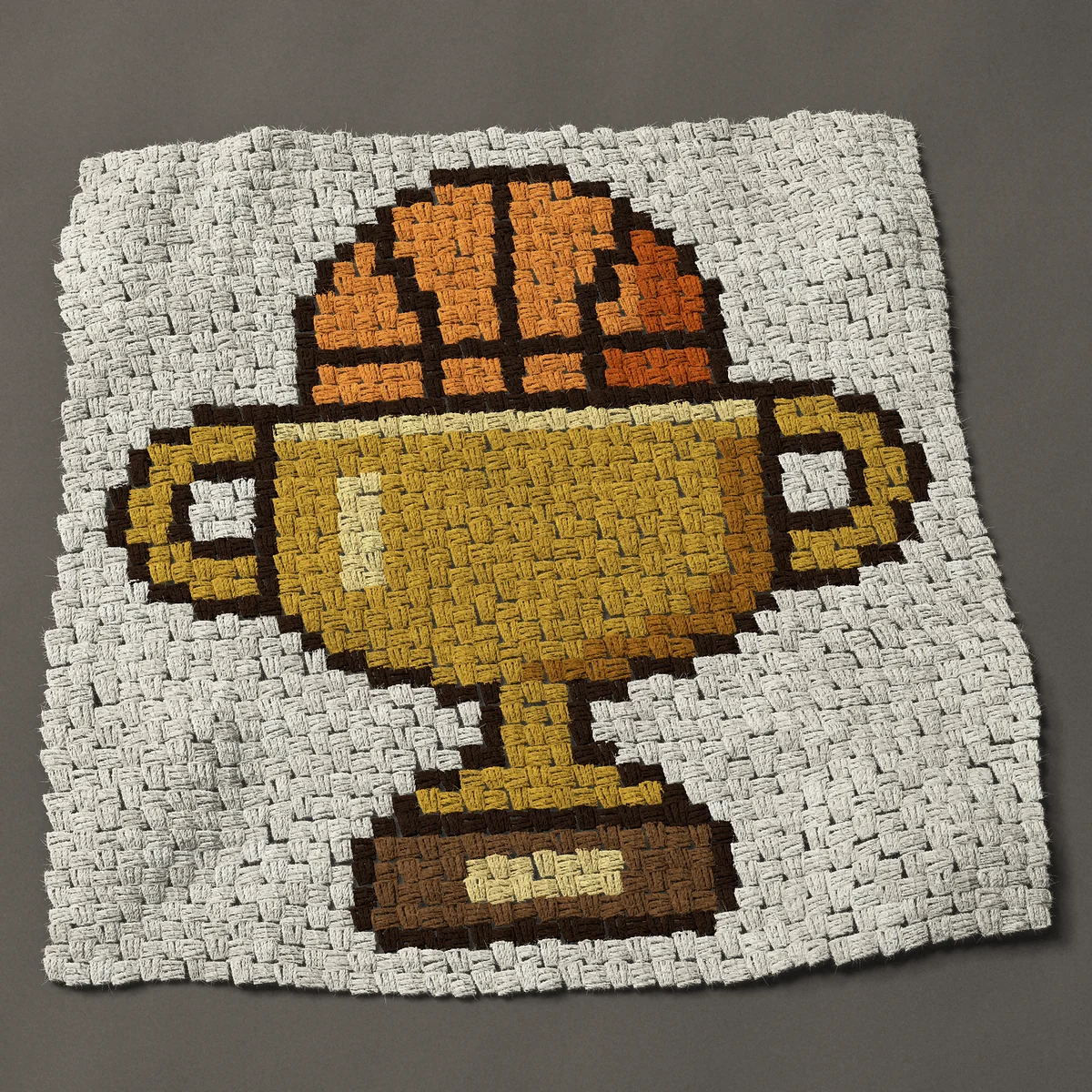 A panel worked corner to corner, 32¼ by 33 inches: Basketball trophy: gold cup with a basketball in it, 43 by 44 blocks