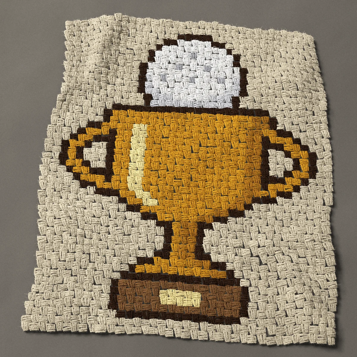 A panel worked corner to corner, 27¾ by 34½ inches: Golf trophy: gold cup with a golf ball on top, 37 by 46 blocks