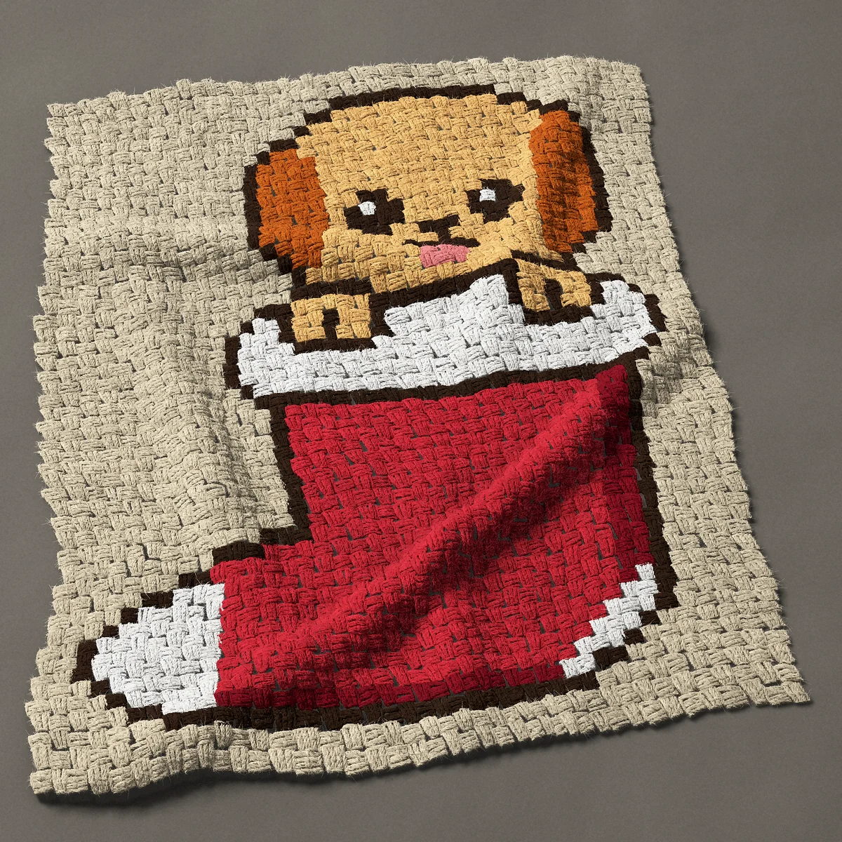 A baby blanket worked corner to corner, 31½ by 39 inches: Christmas puppy peeking out of a red stocking, 42 by 52 blocks
