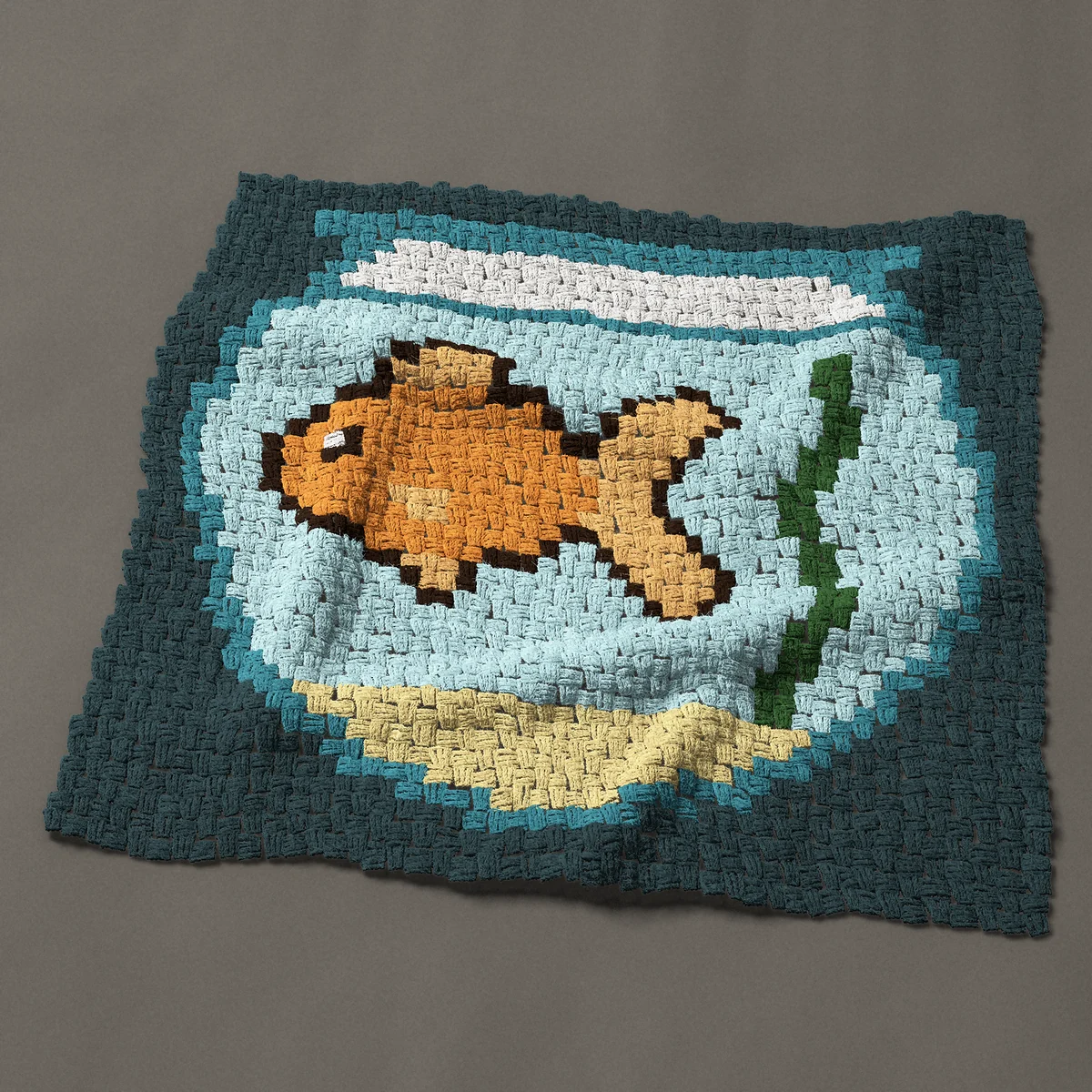 A panel worked corner to corner, 35¼ by 33 inches: Goldfish in a round glass fishbowl, 47 by 44 blocks