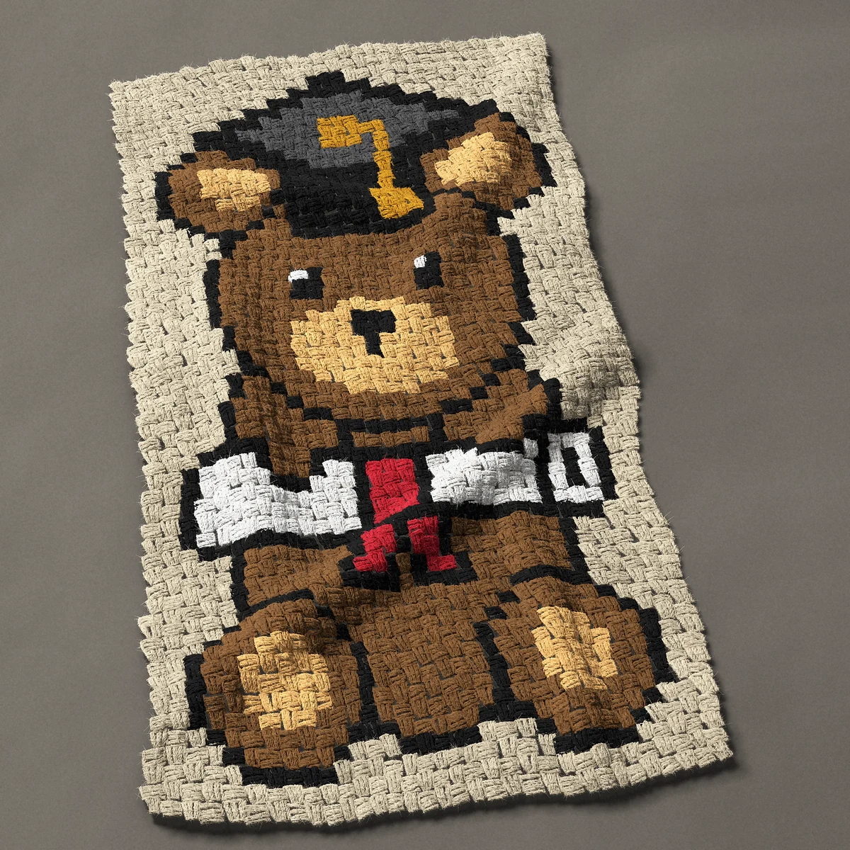 A baby blanket worked corner to corner, 24¾ by 45½ inches: Graduation teddy bear in a cap holding a diploma, 33 by 61 blocks