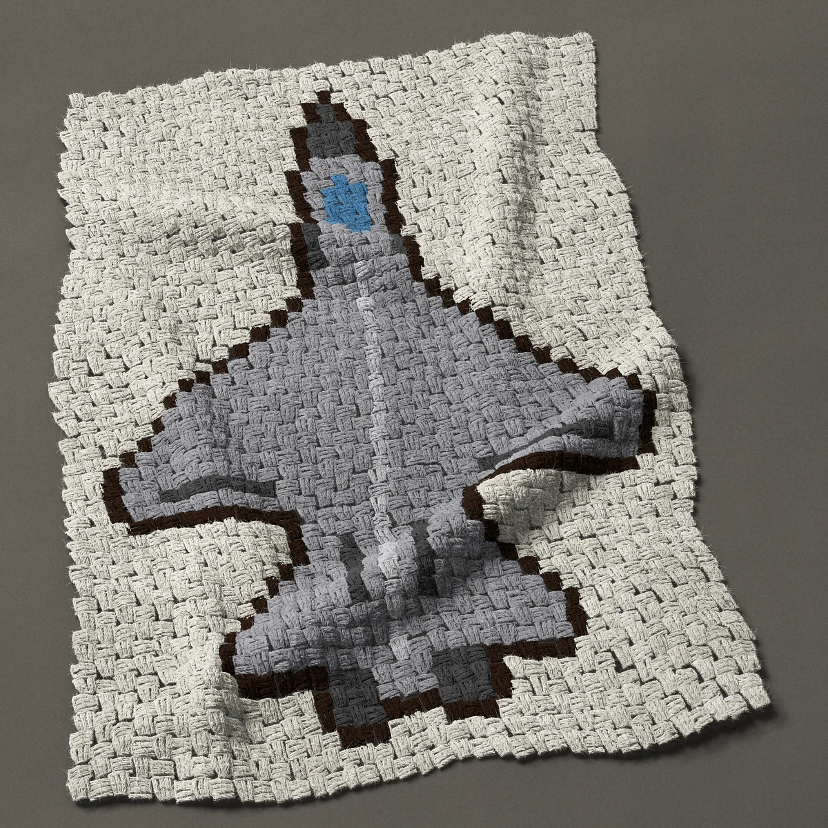 A baby blanket worked corner to corner, 27¾ by 39½ inches: Gray fighter jet seen from above, a military airplane, 37 by 53 blocks