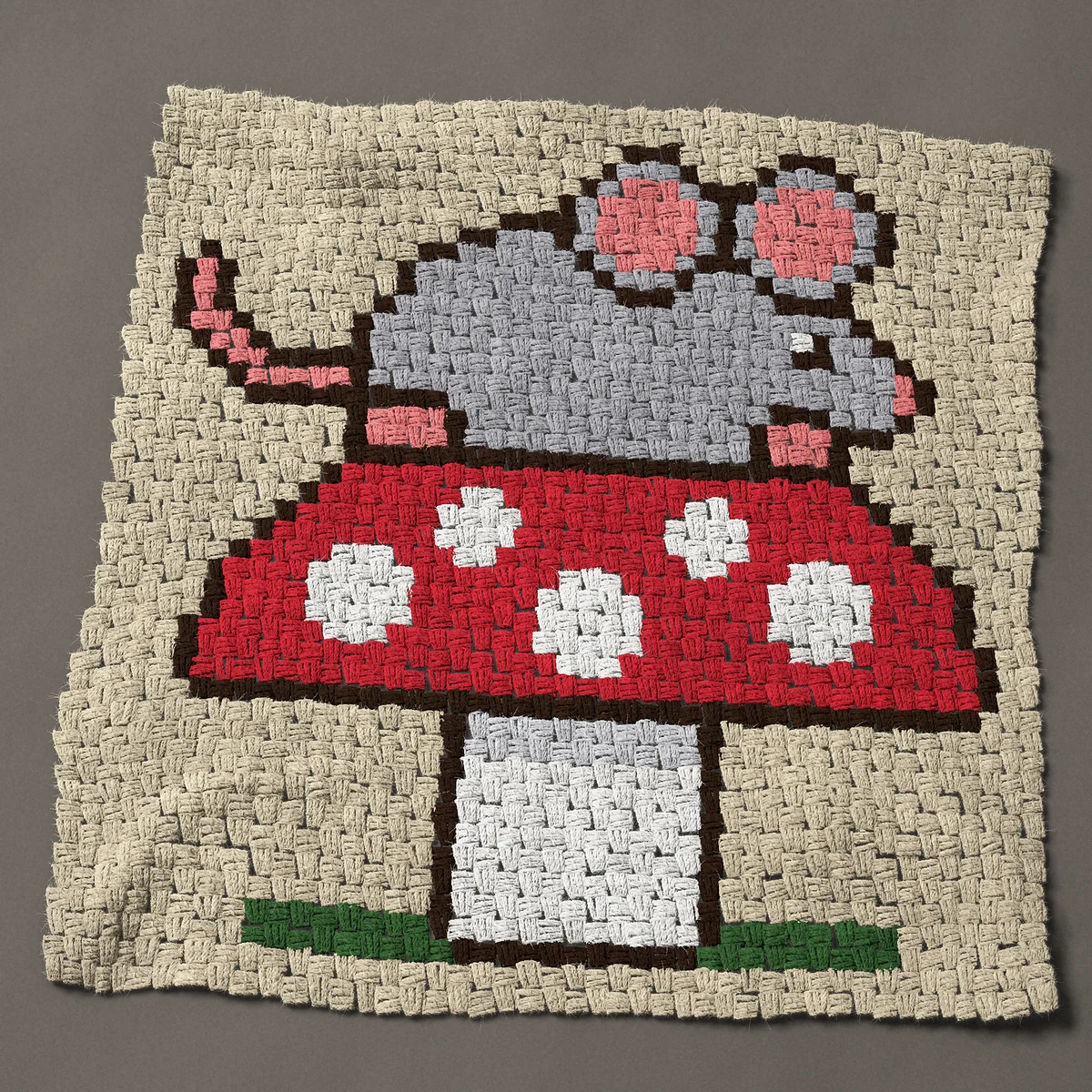 A panel worked corner to corner, 33¾ by 33¾ inches: Mouse on a red toadstool mushroom with white spots, 45 by 45 blocks