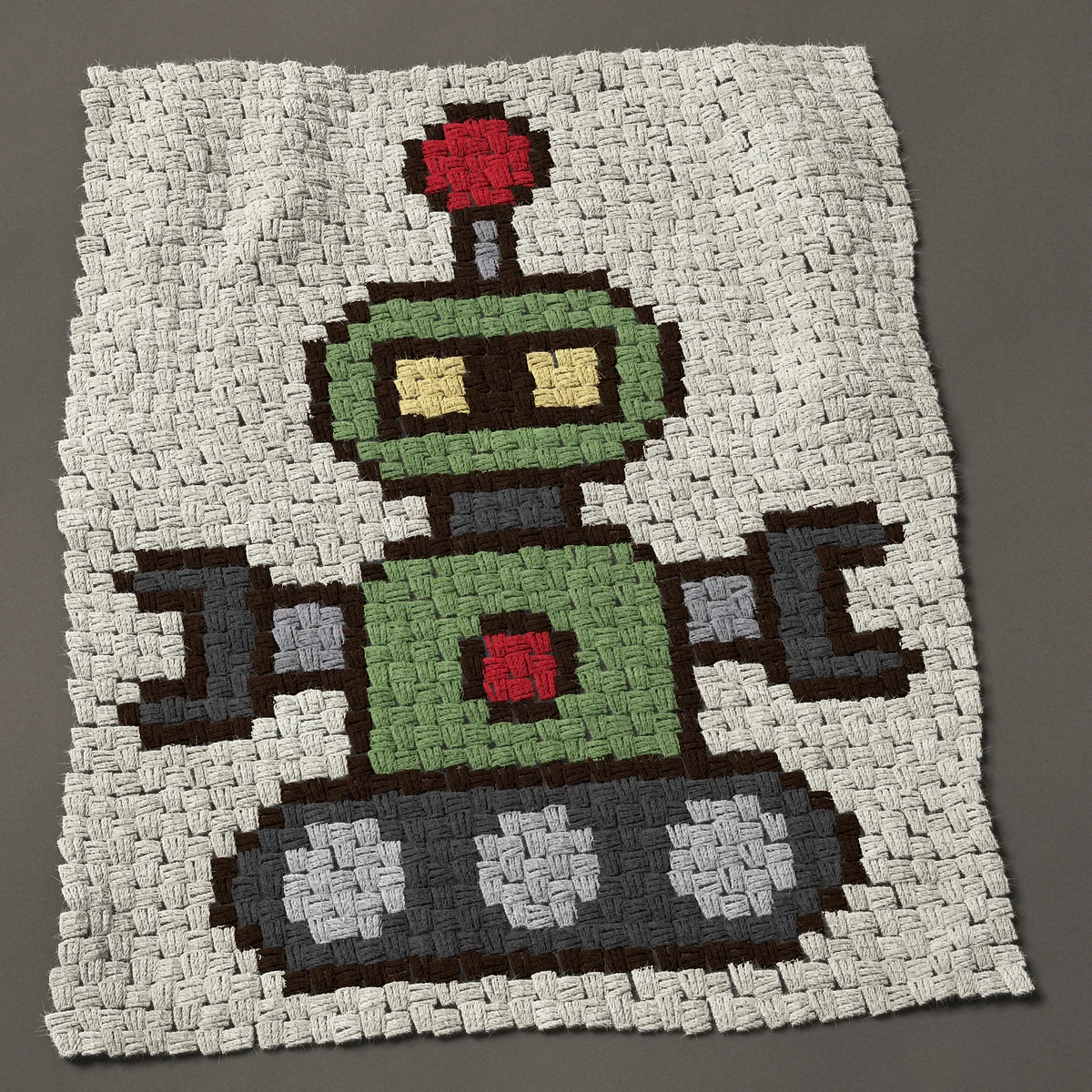 A panel worked corner to corner, 29¼ by 35¼ inches: Green robot on tank treads with pincer claws, 39 by 47 blocks