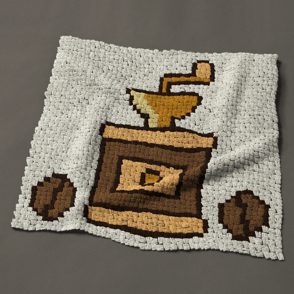A baby blanket worked corner to corner, 38 by 36¾ inches: Hand-crank coffee grinder with two coffee beans, 51 by 49 blocks