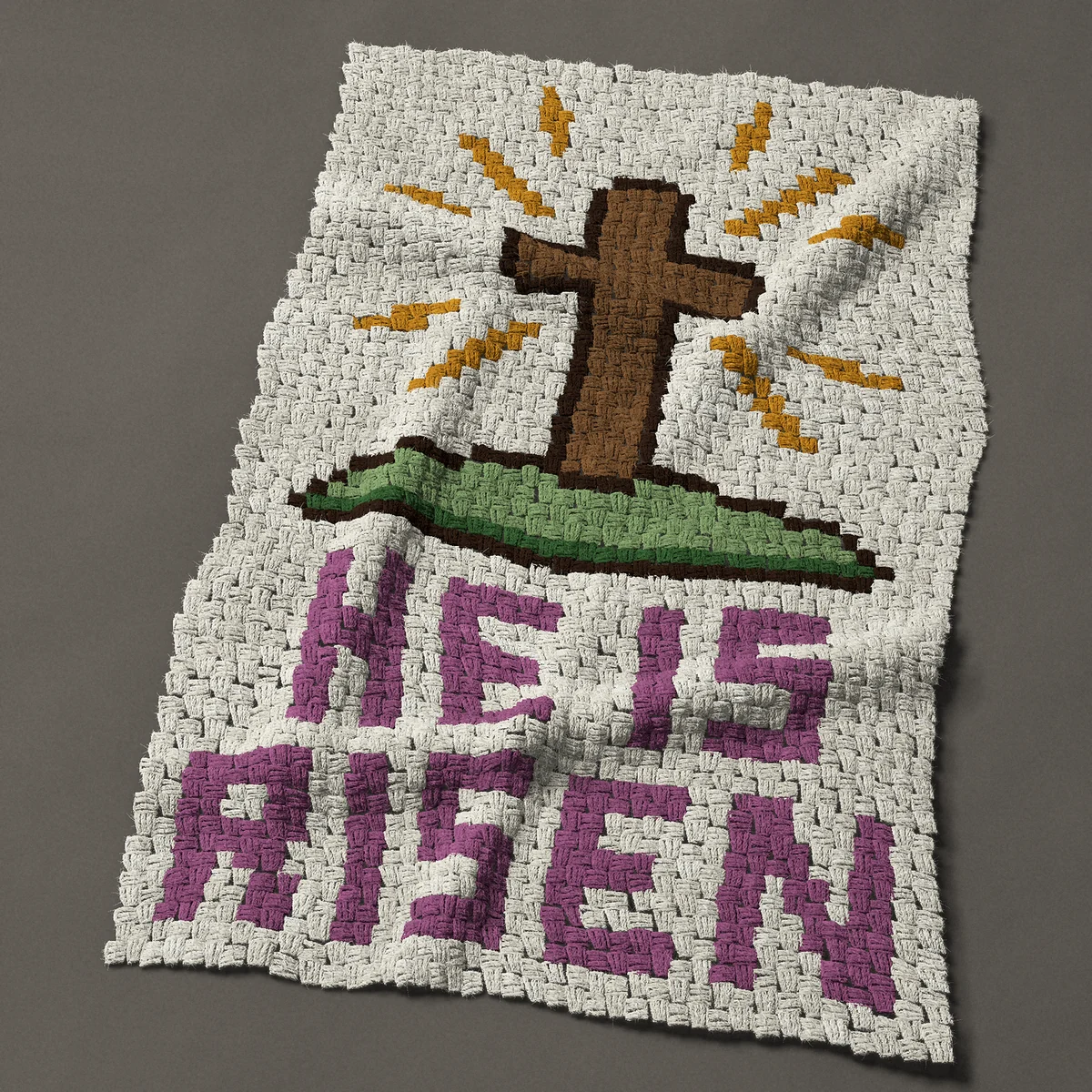 A baby blanket worked corner to corner, 30 by 48½ inches: He is risen: Easter cross on a hill with golden rays, 40 by 65 blocks