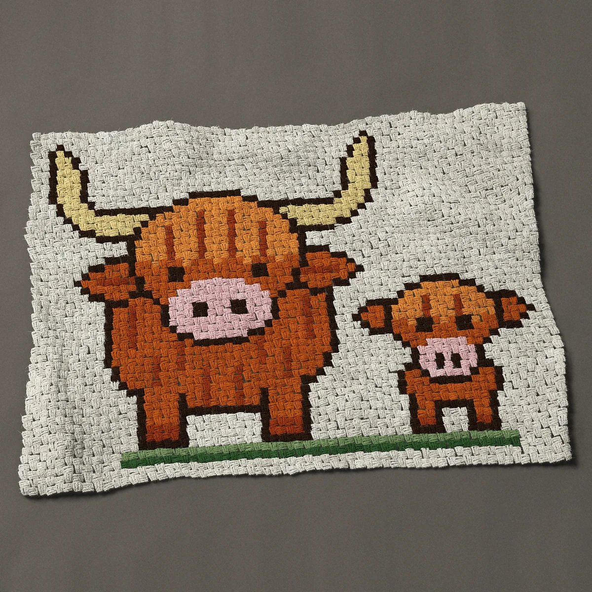 A lap blanket worked corner to corner, 48½ by 36¾ inches: Scottish Highland cow and calf standing in the grass, 65 by 49 blocks