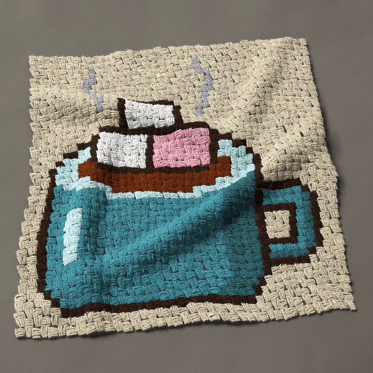 A panel worked corner to corner, 30 by 32¼ inches: Hot chocolate mug with pink and white marshmallows, 40 by 43 blocks