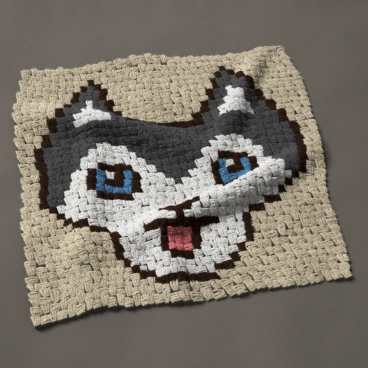 A panel worked corner to corner, 27¾ by 28½ inches: Husky dog face with a white mask and blue eyes, 37 by 38 blocks