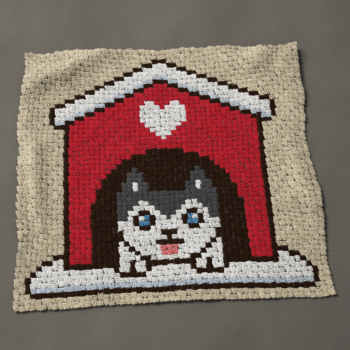 A baby blanket worked corner to corner, 42½ by 40½ inches: Husky in a red dog house with snow on the roof, 57 by 54 blocks