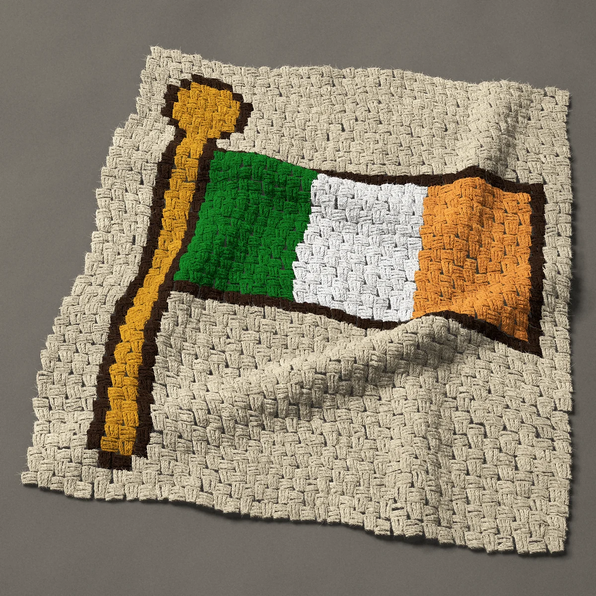 A panel worked corner to corner, 28½ by 33 inches: Irish flag on a flagpole, 38 by 44 blocks