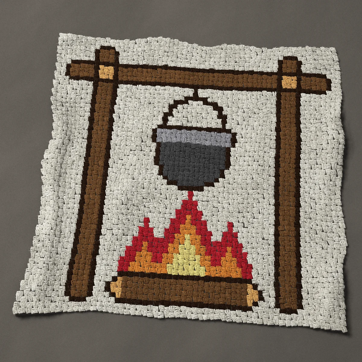 A panel worked corner to corner, 44 by 44 inches: Campfire with an iron cooking pot hanging over it, 59 by 59 blocks