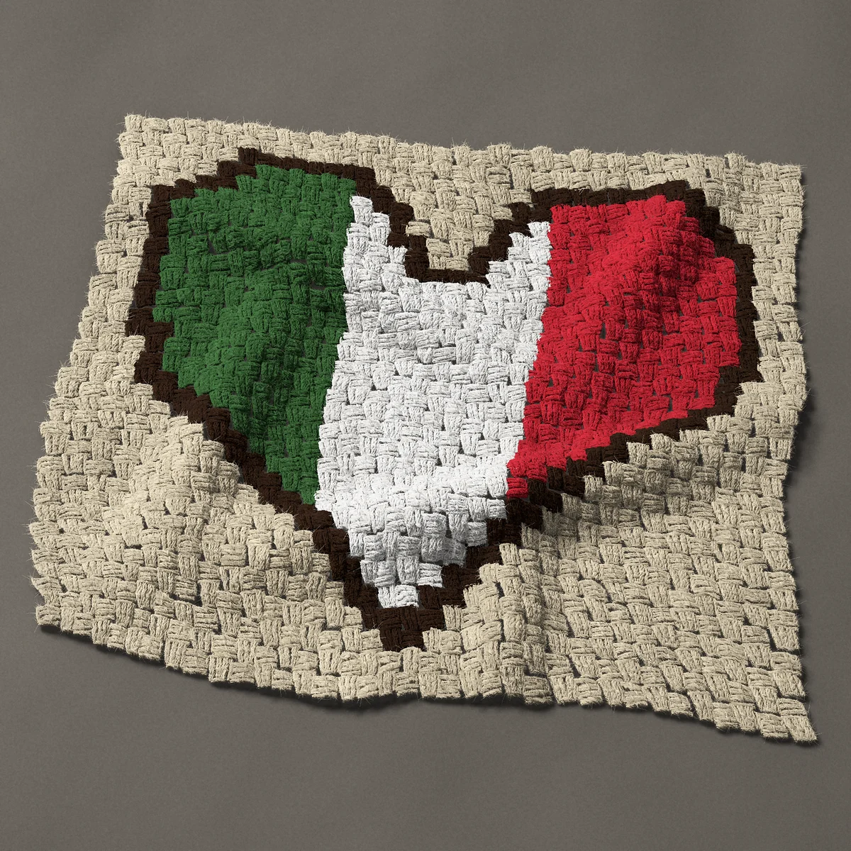 A panel worked corner to corner, 27 by 25½ inches: Italy flag heart, the Italian flag in a heart, 36 by 34 blocks