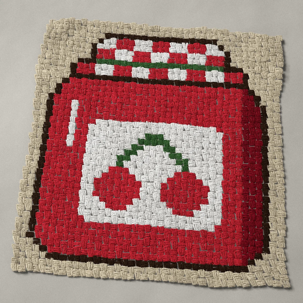 A panel worked corner to corner, 29¼ by 32¼ inches: Cherry jam jar with a gingham cover and a cherry label, 39 by 43 blocks
