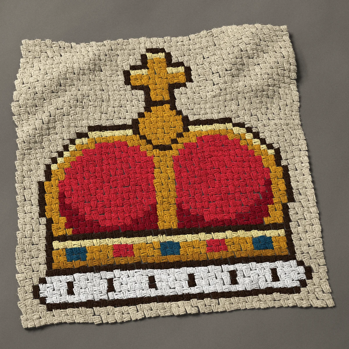 A panel worked corner to corner, 33¾ by 35¼ inches: Royal crown with red velvet cap and ermine band, 45 by 47 blocks