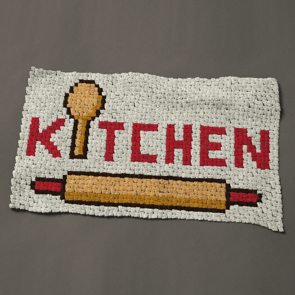 A baby blanket worked corner to corner, 45 by 27 inches: Kitchen word sign with a wooden spoon and rolling pin, 60 by 36 blocks